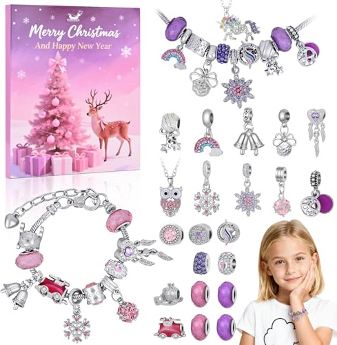 Adventskalender 2025 Kinder Mädchen, AWeihnachtskalender Schmuck DIY Armbänder Halsketten, 24 Füllung Adventskalender Schmuck Weihnachten Geschenke Mädchen 6 7 8 9 10 11 12 13 Jahre (rosa-violett)