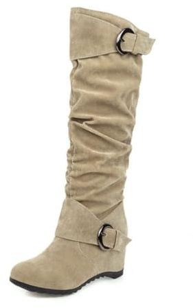 Stivali Donna con Tacco a Cuneo al Ginocchio in Pelle Scamosciata Stile Equitazione con Lato Elastico - Eleganza e Comfort Slip-On,Beige,38 EU
