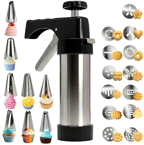 Stainless Steel Cookies Press,Cookie Press Gun Kit with 13 Cookie Discs and 8 Piping Tips for DIY Various Cookies Maker