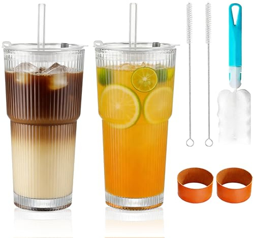 Forbabe 2 vasos de cristal acanalados con tapa, 600 ml