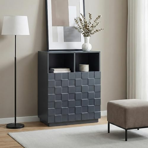 [en.casa] Highboard Wohnzimmer Bopibobro Hochschrank mit 2 Türen 3D-Front Büroschrank 2 Fächer 86 x 64 x 36 cm Kommode Dunkelgrau