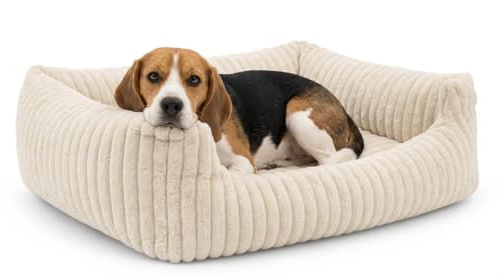 Odolplusz waschbares Hundebett 95x75cm Hundekissen aus Cord – Weiches Katzenbett rutschfest – Hundesofa in beige für mittlere Hunde – Formstabile Hundematratze flauschig mit Rand
