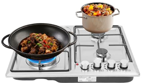 Gaskochfeld 4 Flammig 58cm Edelstahl Einbau Gasherd, Gas Kochfeld 3 Brenner + Elektro-Brenner NG/LPG geeignet, Zündautomatik Flammenschutz, Gas Herdplatte für Küche Wohnmobil Haushalt