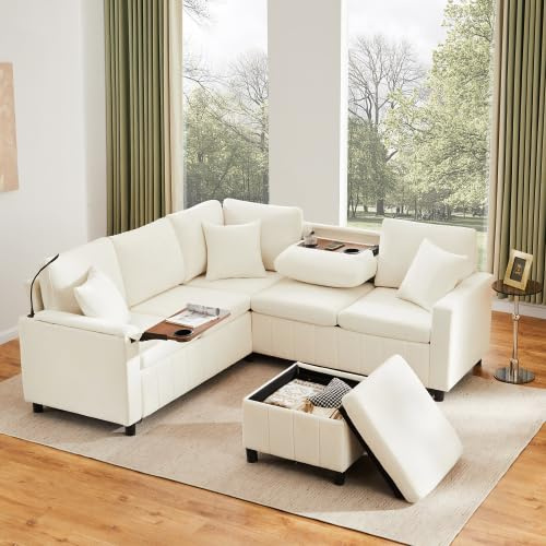 Ecksofa mit Schlaffunktion und USB-Ladestation, inkl. Multifunktionshocker mit Stauraum & klappbarem Tisch – Modernes Chenille-Sofa für Wohnzimmer, Gästezimmer & kleine Räume, Beige, 205x205x85 cm