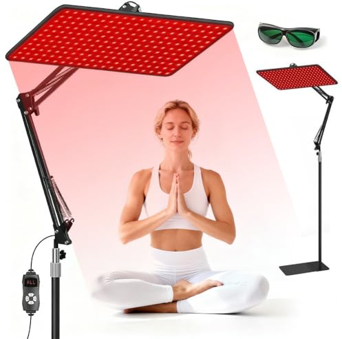 Rotlichtlampe für Ganzkörper & Gesicht mit 200 LEDs, Infrarot-Wärmelampe mit 5 Helligkeitsstufen und Tri-Wellenlängen (660nm, 850nm, 940nm),Großes LED-Panel inkl. verstellbarem Ständer & Schutzbrille