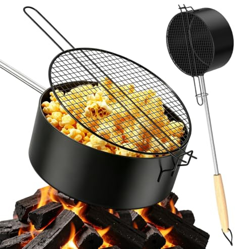 LOMUG Popcorn Maker Lagerfeuer aus Kohlenstoffstahl & Sicherheitsgriff, Popcornmaschine Antihaft Outdoor Popcorn-Pfanne für Lagerfeuer, Tragbar Popcornpfanne für Feuerschale Grill Camping Gartenparty