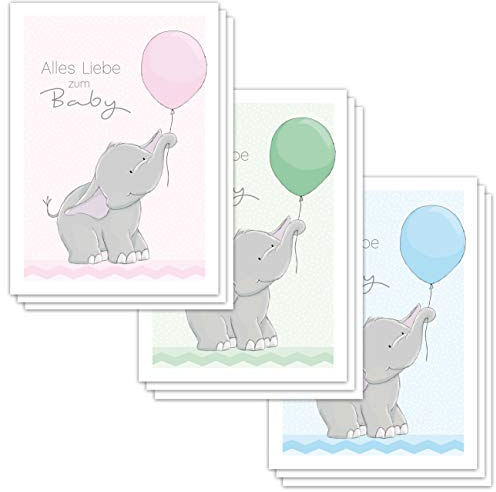 emufarm 9 Glückwunschkarten zur Geburt ELLY ELEFANT DIN A6 / Grußkarten Baby DIN A6 / je 3 Stück in rosa grün und hellblau