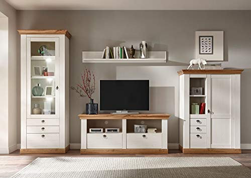 Newfurn Wohnwand Anbauwand Landhaus Wohnzimmerschrank Wohnlandschaft Mediawand Fernsehschrank II 336x204x 44-52 cm (BxHxT) II [Malte.one Compact] in Pinie Weiß/Wotan Eiche Wohnzimmer