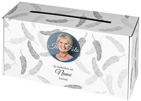 private grief Sammelbox für Trauerkarten und Kondolenzkarten bei der Trauerfeier mit Beschriftung Blatt (Federn)