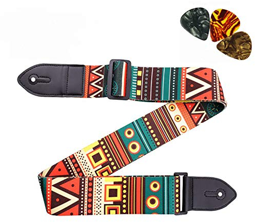 LAVILI Gitarrengurt, Akustikgitarrengurt, E-Gitarrengurt inklusive 3 Plektren. Verstellbarer Gitarrengurt aus Leder und Polyester, geeignet für Bass, elektrische und akustische Gitarren, 1 Stück,