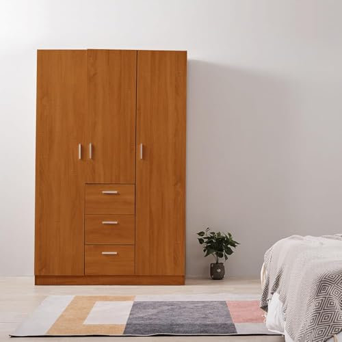 Wooden 3 Door Bedroom Wardrobe with 3 Drawer and Hanging Rail Shelves Modern Large Storage Cupboard Unit (Oak Effect)