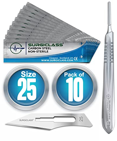 Scalpel Blades # 25 Carbon Steel Non Sterile Scalpel Surgical Blades Pack of 10 and Steel Handle for Wood Art, Surgical, Sculpting, Repairs, Lab Anatomy, Sign, Card Making Lab Training SURGIBL25-10
