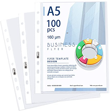 100 Pochettes Plastiques Perforées A5, 160 Microns Plus épais Qualité Pochettes Plastiques Transparentes Cristal Pochette A5 Classeur Pour protéger le papier, les fichiers et documents,bureau