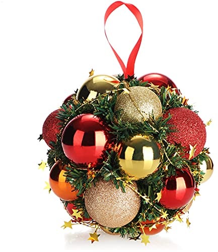 COM-FOUR® Weihnachts-Hänger für die Weihnachtsdeko, Christbaumhänger als winterlicher Dekoartikel, Anhänger mit bunt glitzernden Christbaumkugeln (1 Stück - Kugel 20cm rot goldfarben)