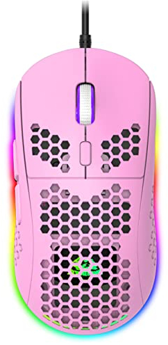 RGB Bienenwabe Leicht Gaming-Maus, 6 Programmierbare Tasten, 6 RGB-Hintergrundbeleuchtungsmodi und 6400 DPI Einstellbar, USB-Kabel, Plug & Play, Kompatibel mit Windows, Mac, Laptop, PS4, XBox Rosa