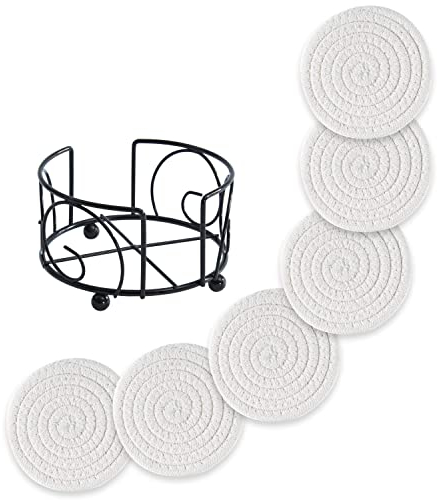 Sagittar Untersetzer Gläser mit Halter, Glasuntersetzer Getränke Tassenuntersetzer Set, Getränkeuntersetzer Rund Handgefertigt Geflochtenes Dickes Baumwollseil, Weiß, 6 Stück