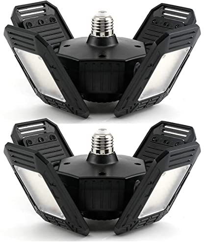 ANYPOWK Lumières de garage LED déformables - 12000 lumens, lumière du jour 6500K 120W, Éclairage plafonnier pour organisation de garage à quatre feuilles, Lot de 2