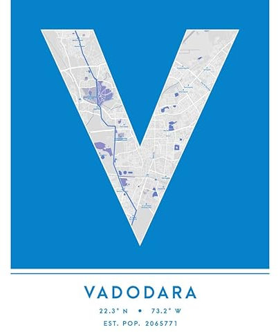 Vadodara India City Map Blue Colour Block Modern Typography Stylish Letter Unframed Word Wall Art Print Poster for Home Décor CITYMAP1