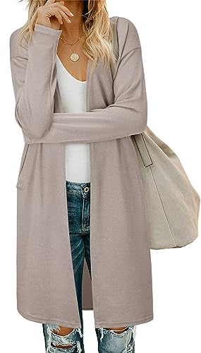 OUGES Women's Open Front Summer Cardigan Sweaters with Pockets Long Sleeve Lightweight Cardigan(Camel,M)