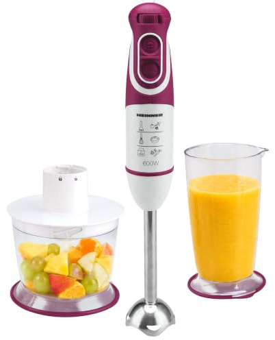 HEINNER Charm Stabmixer HB-600BG – 600 W, 5 Geschwindigkeiten, Turbo-Funktion, Edelstahl-Mixfuß, Schneebesen, Zerkleinerer, 700 ml Becher, Weiß/Burgund