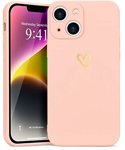 Wirvyuer Coque Compatible avec iPhone 14 Plus Antichoc Coque Silicone TPU avec Motif Coeur d'amour Doré Mignon Étui Protection Complète Souple pour iPhone 14 Plus 6,7 Pouces (Rose)