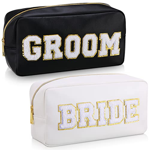 Oudain Make-up-Tasche für Braut und Bräutigam, Kosmetiktasche, Reise-Kulturbeutel, PU-Leder, weiß, tragbare Braut-Geldbörse, Hochzeitstasche für Brautparty, Geschenk, Junggesellinnenabschied,