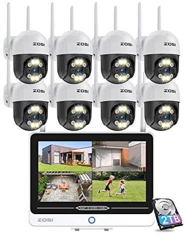 ZOSI 2K Überwachungskamera Set Aussen WLAN mit 12.5 Monitor, 8X 3MP Pan/Tilt Überwachungskamera Outdoor mit Spotlight, 8CH 2TB NVR, 2 Wege Audio, Nachtsicht in Farbe