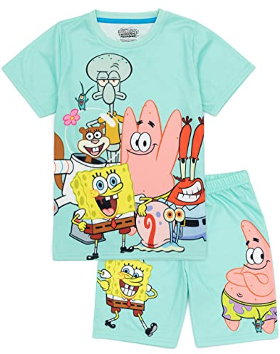 SPONGEBOB SQUAREPANTS Kids Pyjamas Boys Girls Squidward Patrick Mr Krabs Gary Characters Blue T-Shirt Shorts Pjs Set TV Show Movie Merchandise, 9-10 Years