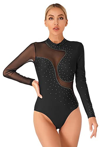 MSemis Damen Glänzend Body Gymnastikbody mit Strass Farbblock Langarm Tanzbody Turnbody TrainningLeotard Ballettbody Tanzkleidung Schwarz M