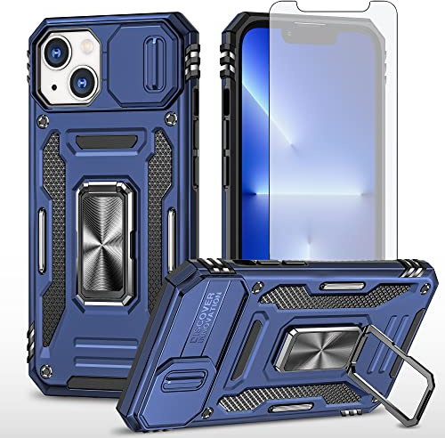 Asuwish Phone Case for iPhone 13 Mini 5.4 inch with Tempered Glass Screen Protector and Slide Camera Cover Ring Holder Kickstand iPhone13mini i-Phone 13minicase i iPhone13 13mini Women Men Navy Blue