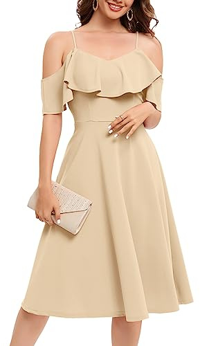 Vestido Elegante Delantal de Verano con Hombros Descubiertos para Mujer con Volantes Midilang Fiesta Festiva Vestido de cóctel Vestido de Playa Casual Champagne S