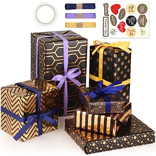 Bigqin Geschenkpapier Geburtstag, 6 Blätter 50 x 70 cm Geschenkpapier Schwarz Gold Geschenkverpackung Set mit Band Aufkleber Doppelseitigem Klebeband