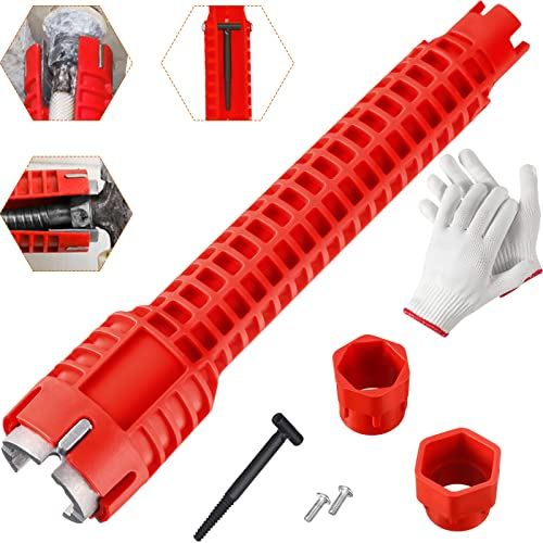 Eowppue 8 en 1 Instalador de Grifos y Fregaderos Herramienta Multifuncional Llave Hidráulica Llave para Fregaderos Extractor Hidráulico de Mangueras Inodoro Baño Cocina (Rojo)