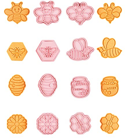 CANDeal 8 Stück Biene-Ausstechformen Mit Prägung, Mini-Bienenwaben-Blume, Keksstempel, Biene, Blumenformen, 3D-Kunststoff-Ausstechformen Für Kinder, Fondant, Plätzchenbacken, Geburtstagsparty-Zubehör