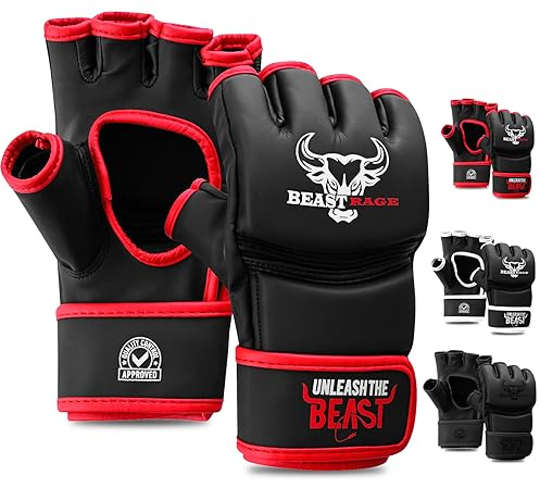BEASTRAGE MMA Handschuhe für Männer und Frauen,Martial Arts Mitts Grappling Sparring,Ventilated Palm, VEGAN Leder, Cage Fighting, Muay Thai, Kickboxen, Boxsack, Boxen, Kickboxen (M, ROT)