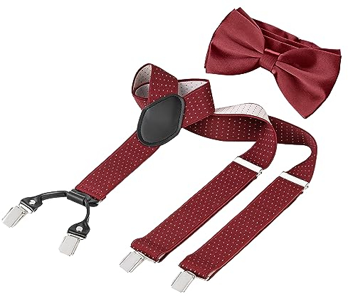 BomGuard Herren Hosenträger Fliege Set,3,5 cm breit,bordeauxrot gepunktet
