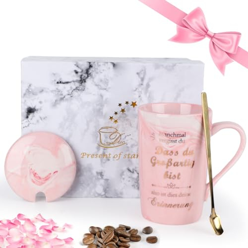 Yuragim Muttertagsgeschenke für Mama, Tasse Inspirierende Muttertagsgeschenk, Beste Mama der Welt Geschenke, Kaffeebecher 350ml Rosa Marmor Keramik Kaffeetasse mit Deckel, Löffel, Geschenkbox