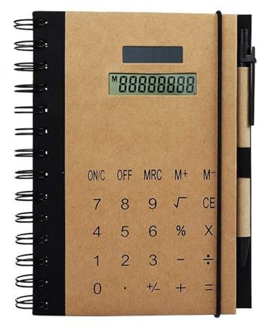 Maizoon Taccuino multifunzione a spirale con calcolatrice solare e penna, 18 x 13 cm, diario creativo minimalista in carta kraft portatile