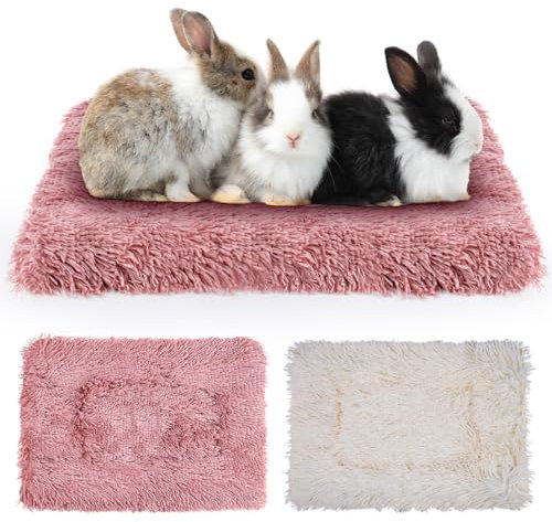 MICOOYO Lot de 2 Tapis de lit en Polaire Moelleuse pour Petit Animal, pour Lapin, Cochon d'Inde, écureuil, Hamster (Rose, Blanc, 49 x 32 cm)