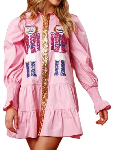 Muineobuka Damen Weihnachten Pailletten Nussknacker Kleid Langarm gestuft Glitzer Nussknacker Print Urlaub Mini Shirt Kleider, Pink, Klein