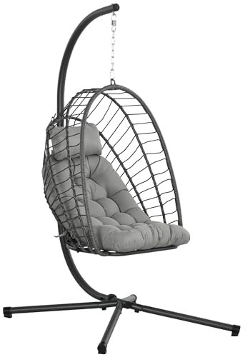 Outsunny Outdoor PE Rattan Swing Chair with Cushion, Garden Foldable Basket Patio Hanging Egg Chair with Metal Stand, Headrest, for Indoor and Outdoor, Light Grey
