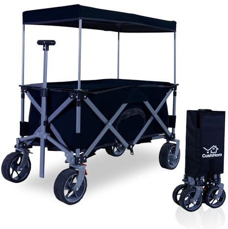 CCLIFE Chariot de Transport Pliable avec Toit et Table 80kg Chariot Pliant à roulettes Larges Tout Terrain pour Sport, Shopping, Camping Noir