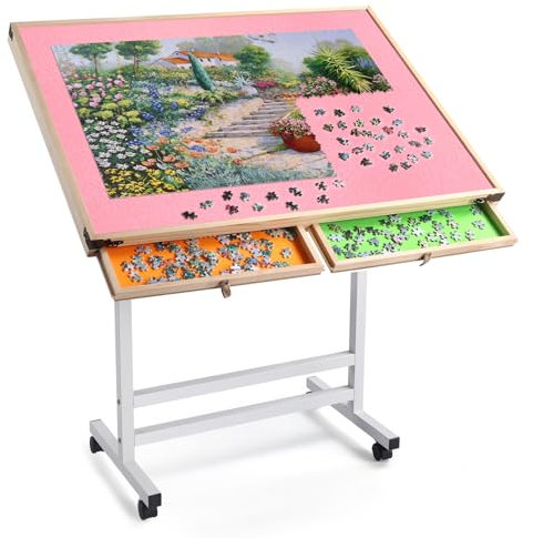 Pinikuyiro Pink Puzzle Table with Drawers and Wheels,Height Adjustable Jigsaw Puzzle Table with Metal Legs,Tilting Folding Puzzle Board for 1500 Pieces Puzzles