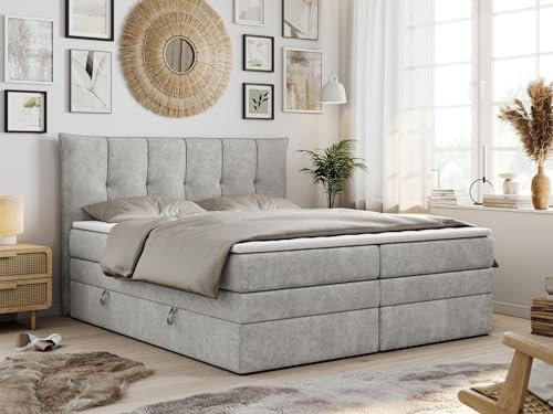 MKS MEBLE King Boxspringbett 120x200, Boxspringbett 120x200 mit Bettkasten und Matratze H3, Polsterbett 120x200 mit Matratze, Bett 120x200 mit Bettkasten - PREMIUM-10-KING- Hellgrau Struktur - H3