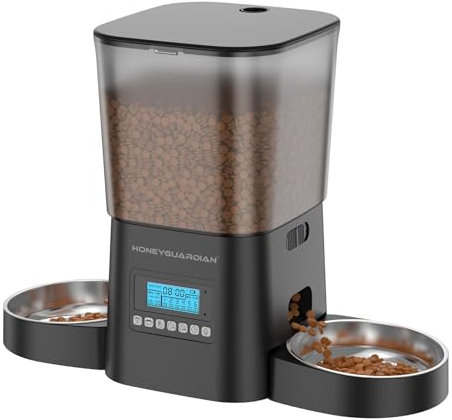 HoneyGuaridan Distributeur Croquettes Chat Automatique Double, 2 Goulottes de Distribution de Nourriture Séparées, Minuterie Programmable, 1-6 Repas par Jour, Scellé pour Garder la Fraîcheur - 3.5L