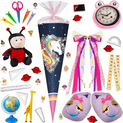 alles-meine.de GmbH mit Glitzer & Glimmer ! Schultüte - Einhorn - Regenbogen Mähne 70-100 cm Größe wählbar inkl. komplette Füllung + Bänder Schleife + Kunststoff Spitze..