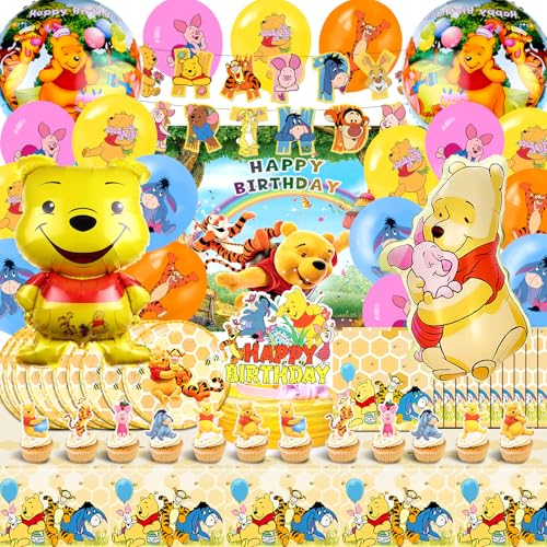 Kit Décoration Anniversaire Winnie l'Ourson 82 Pièces - Ballons, Toile De Fond, Nappe