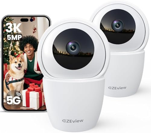 CZEview 3K(5MP) Caméra Surveillance WiFi intérieure 360°, 2.4&5Ghz Wifi, Vision Nocturne, 360°, Caméra Bébé Animaux Chien Chat, Détection & Notification, Compatible avec Alexa, Google Home (Blanche*2)