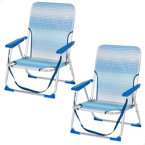 AKTIVE Lot de 2 chaises de Plage Pliantes, 44 x 40 x 72 cm, Bleu à Rayures, Hauteur Assise 23 cm, Structure Aluminium, Tissu textilène, butées Anti-retournement, poignée d'épaule, supporte 110 kg