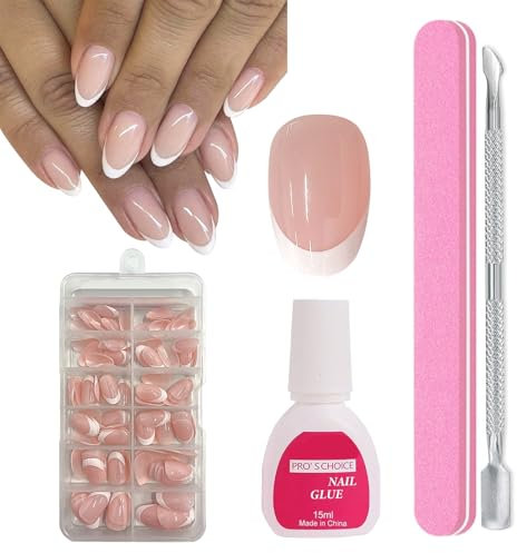 Faux Ongles Français, 120Pcs Court Amande Façonné French Press on Nails, Gel pour Faux Ongles Capsules, Faux Ongles à Coller Courts, Flase Nail Français X-Coat Tips Avec Pré-appliqué DIY Nail Art